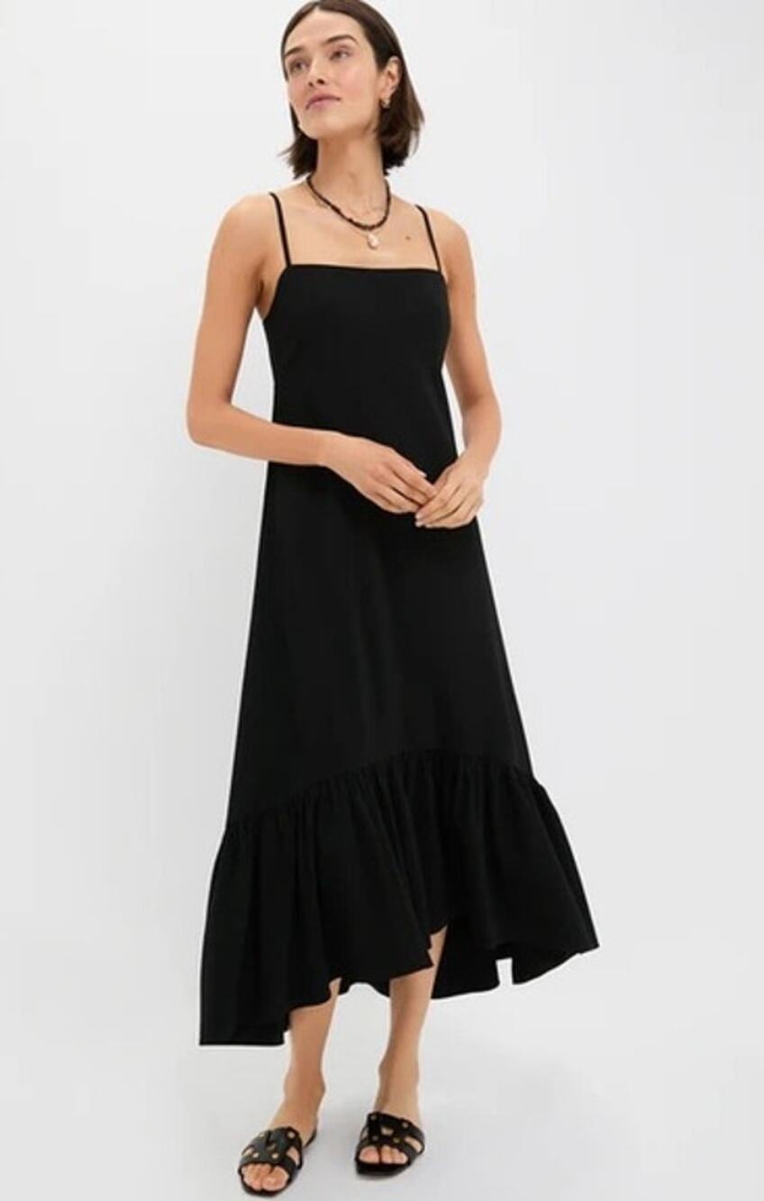 POMANDER PLACE Maribe Ruffle Hem Midi Dress Black Strappy Sleeve Women's M